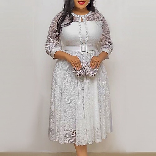 

Women's Plus Size Party Dress Floral Crew Neck Lace 3/4 Length Sleeve Winter Fall Elegant Prom Dress Midi Dress Formal Party Dress