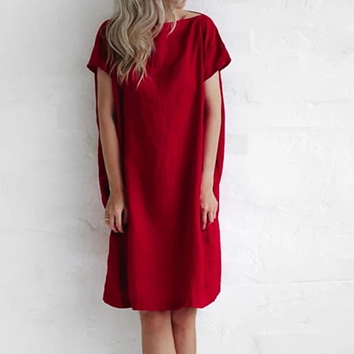 

Women's Shift Dress Knee Length Dress White Wine Short Sleeve Pure Color Patchwork Spring Summer Crew Neck Casual Mature 2022 S M L XL XXL