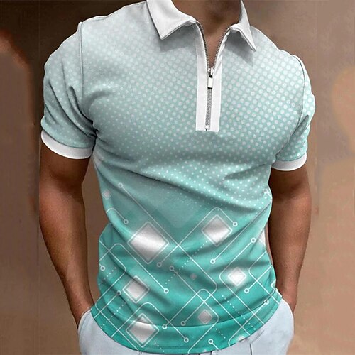 

Men's Collar Polo Shirt Golf Shirt Gradient Turndown Blue-Green 3D Print Street Daily Short Sleeve Zipper 3D Clothing Apparel Fashion Casual Breathable Comfortable / Beach