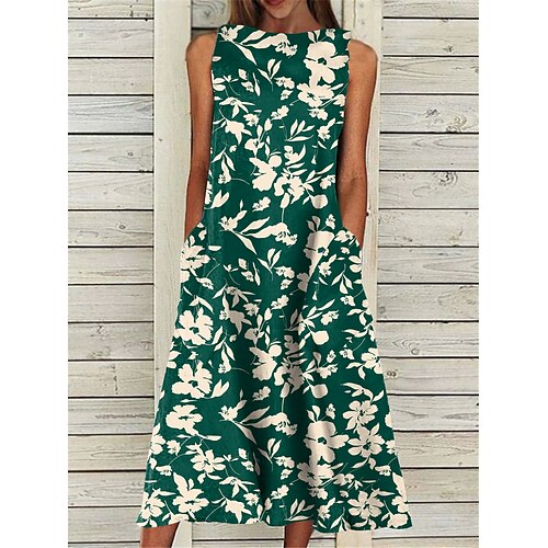 

Women's Casual Dress Knee Length Dress Green White Black Blue Pink Sleeveless Floral Pocket Patchwork Print Summer Square Neck Casual Boho 2022 S M L XL