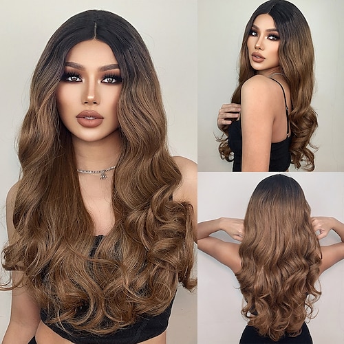 

HAIRCUBE Ombre Brown/Wine/Auburn/Golden/Black Lace Front Wig Long Wave Wavy 1341 T Part Kanekalon Lace Wig With Baby Hair for Woman 180% Density