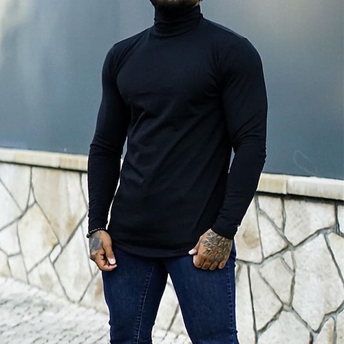 

Men's T shirt Tee Solid Color Turtleneck Street Daily Long Sleeve Tops Casual Fashion Comfortable Black / Summer