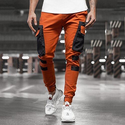 

Men's Cargo Pants Trousers Multi Pocket Color Block Lightweight Sports Full Length Fitness Running Simple Casual Khaki Orange Micro-elastic
