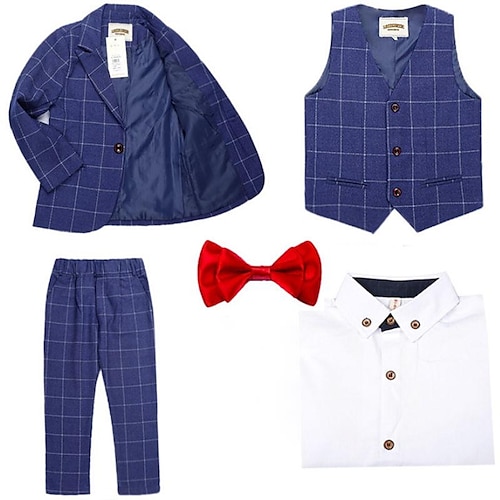 

4 Pieces Kids Boys Suit & Blazer Shirt & Pants Clothing Set Outfit Plaid Long Sleeve Cotton Set Formal Gentle Preppy Style Spring Summer 3-13 Years Blue Wine Gray