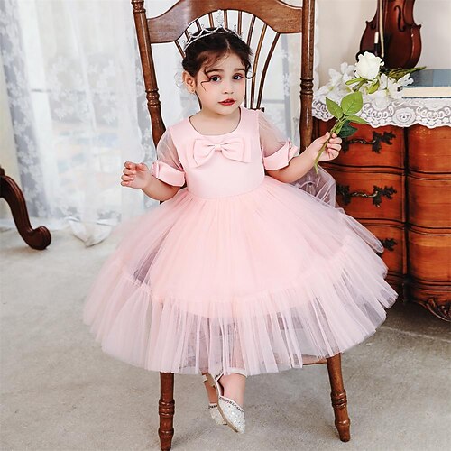 

Toddler Little Girls' Dress Solid Colored Tulle Dress Party Daily Bow White Pink Wine Knee-length Short Sleeve Princess Cute Dresses Spring Summer Slim 1-5 Years