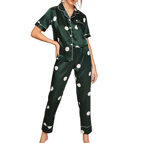 

Women's Pajamas Sets Nighty Dot Comfort Home Silk Lapel Short Sleeve Pant Pocket Button Spring Summer Green / Satin