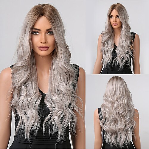 

HAIRCUBE Ombre Grey/Dark Brown/Rose Gold Natural Wavy Hair Ombre Brown Straight Synthetic Wigs For Women