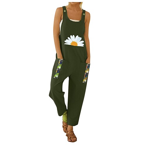 

Women's Pants Trousers Jumpsuit Rompers Linen / Cotton Blend Green Blue Army Green Mid Waist Fashion Casual Weekend Print Micro-elastic Full Length Comfort Dandelion S M L XL XXL