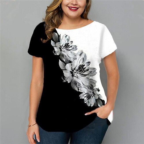 

Women's Plus Size Tops T shirt Tee Floral Print Short Sleeve Crewneck Streetwear Daily Going out Cotton Spandex Jersey Spring Summer White Red