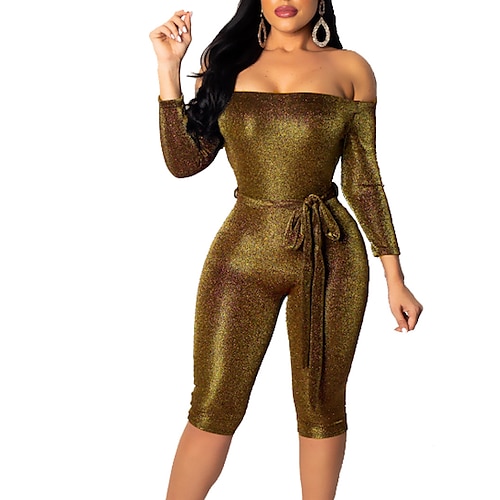 

Women's Romper Lace up Backless Solid Color Off Shoulder Streetwear Party Going out Regular Fit Half Sleeve Silver Gold S M L Spring