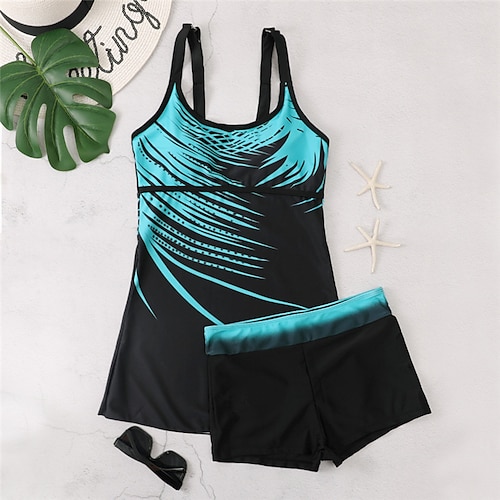 

Women's Swimwear Tankini 2 Piece Normal Swimsuit Open Back Printing Lines / Waves Blue Vest Scoop Neck Bathing Suits New Vacation Fashion / Modern