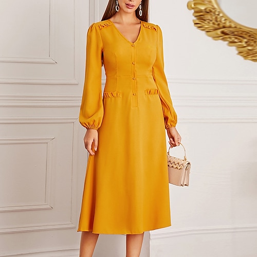 

Women's A Line Dress Midi Dress Yellow Long Sleeve Fall Pure Color Ruffle Button Spring Summer V Neck Work Elegant Mature 2022 XS S M L XL