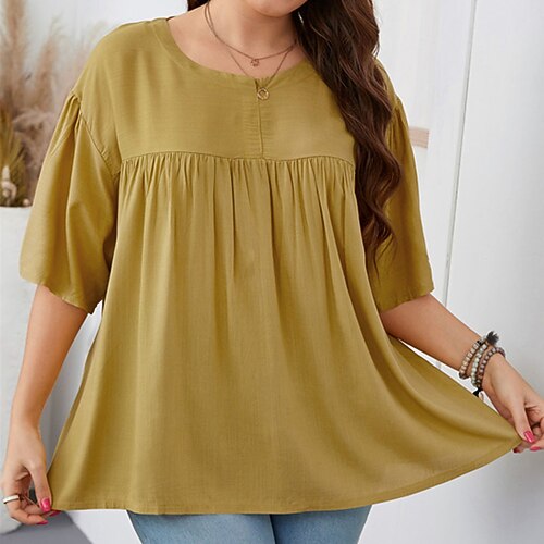 

Women's Plus Size Curve Tops Blouse Shirt Plain Ruched Short Sleeve Crewneck Streetwear Daily Back to School Polyester Spring Summer Black Yellow