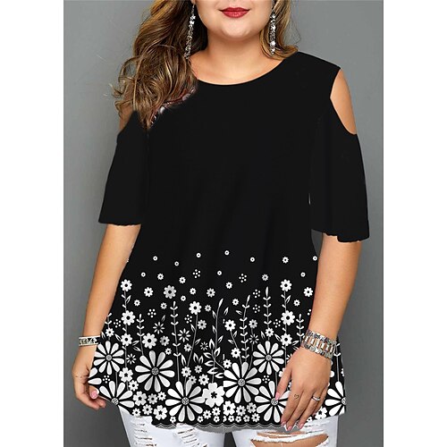

Women's Plus Size Tops Blouse Shirt Floral Cut Out Print Half Sleeve Crewneck Streetwear Daily Going out Cotton Spandex Jersey Spring Summer White Black