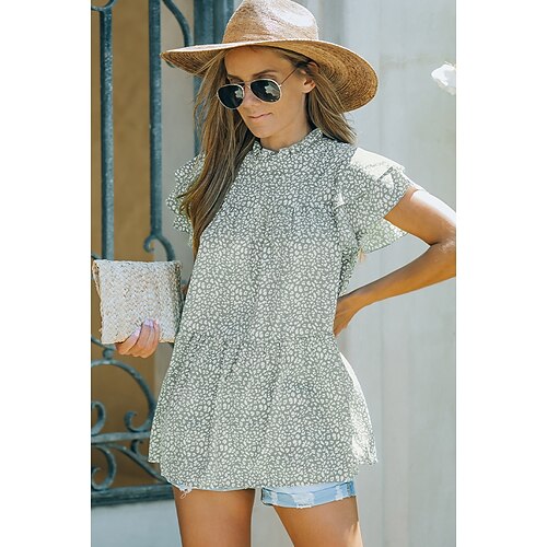 

Women's Leopard Daily Weekend Blouse Peplum Shirt Short Sleeve Ruffle Flowing tunic Print Round Neck Casual Streetwear Tops Green Pink S / 3D Print