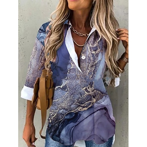 

Women's Blouse Shirt Navy Blue Graphic Abstract Button Print Long Sleeve Daily Weekend Streetwear Casual Shirt Collar Regular S / 3D Print