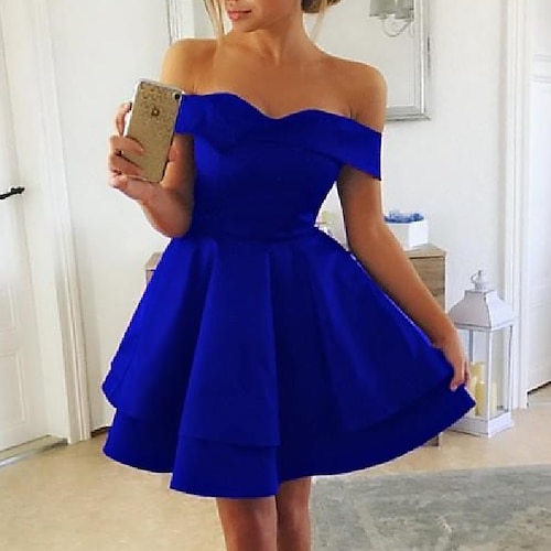 

A-Line Cocktail Dresses Plus Size Dress Homecoming Short / Mini Sleeveless Off Shoulder Satin with Draping 2022