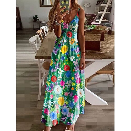 

Women's A Line Dress Maxi long Dress Green Short Sleeve Floral Print Spring Summer Spaghetti Strap Stylish Elegant Vacation 2022 S M L XL XXL 3XL
