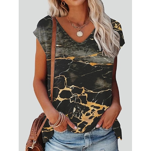 

Women's T shirt Tee Dark Gray Graphic Geometric Print Short Sleeve Daily Vintage V Neck Regular Geometric Painting S