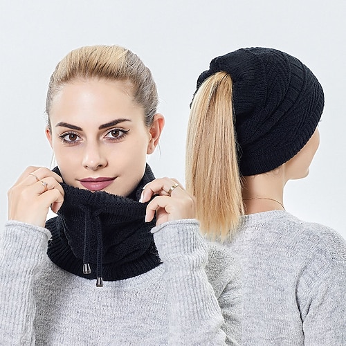 

Autumn Winter Ponytail Beanie Hat Solid Stretch Knitted Crochet Beanies Cap Winter Warm Hats Cap For Women Men