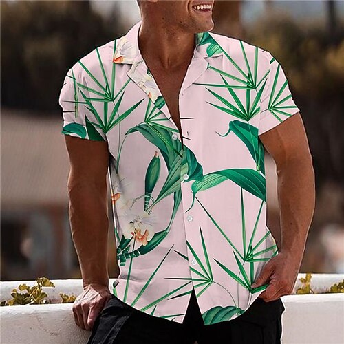 

Men's Shirt 3D Print Leaves Turndown Street Casual Button-Down Print Short Sleeve Tops Designer Casual Fashion Breathable Pink / Summer