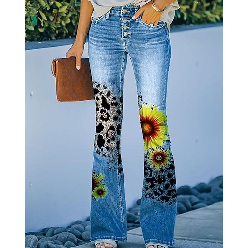 

Women's Flare Chinos Pants Trousers Bell Bottom Faux Denim Blue Light Blue Mid Waist Fashion Casual Weekend Print Micro-elastic Full Length Comfort Leopard S M L XL XXL