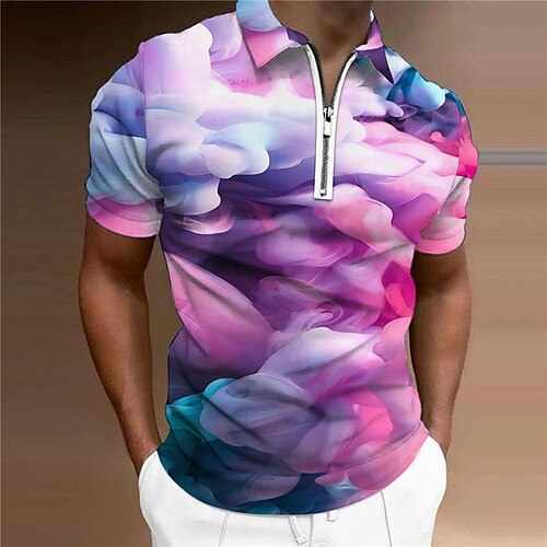 

Men's Collar Polo Shirt Golf Shirt Gradient Turndown Purple 3D Print Casual Daily Short Sleeve Zipper Print Clothing Apparel Fashion Designer Casual Breathable / Sports