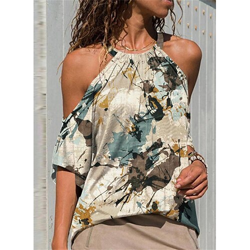 

Women's Blouse Tie Dye Casual Daily Blouse Shirt Long Sleeve Halter Neck Basic Casual Blue Beige S