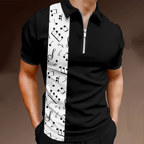 

Men's Collar Polo Shirt Golf Shirt Quarter Zip Polo Notes Turndown Black / White Print Street Daily Short Sleeve Zipper Print Clothing Apparel Fashion Casual Breathable Comfortable / Beach