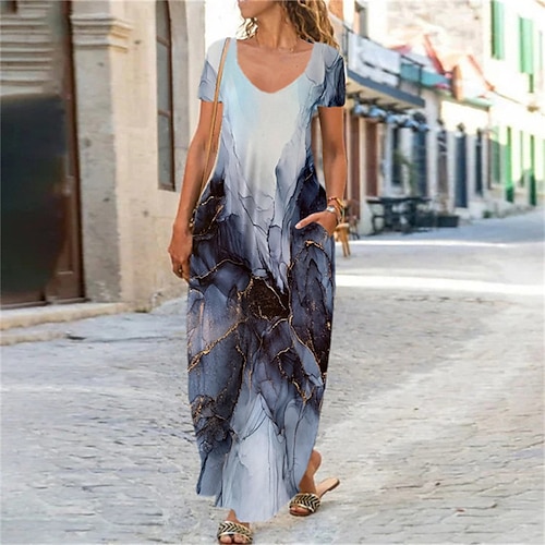 

Women's Shift Dress Maxi long Dress Blue Short Sleeve Color Gradient Pocket Print Spring Summer V Neck Elegant Casual Vacation 2022 S M L XL XXL 3XL