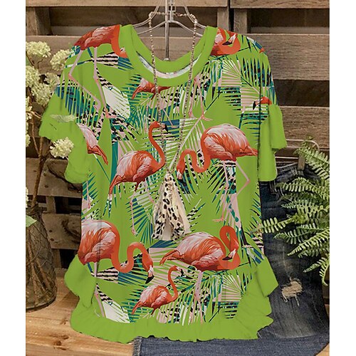 

Women's T shirt Tee Green Pink Yellow Floral Geometric Ruffle Print Short Sleeve Casual Weekend Basic Round Neck Regular Floral Geometric Painting S / 3D Print