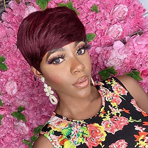 

Short Human Hair Wigs Burgundy 99J Pixie Cut Straight Brazilian Hair for Black Women Machine Made Cheap Glueless None lace wig