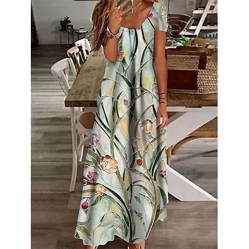 

Damen Casual kleid Etuikleid kleid lang Gelb Blau Grün Kurzarm Blumen Tasche Frühling Sommer V Ausschnitt Urlaub 2023 S M L XL XXL 3XL