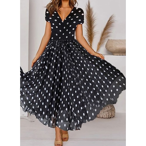 

Women's Polka Dot Long Dress Maxi Dress Black Short Sleeve Ruched Spring Summer V Neck 2023 S M L XL XXL 3XL