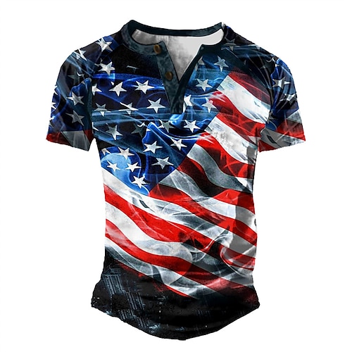 

Men's T shirt Tee Henley Shirt Tee Graphic National Flag Henley Blue 3D Print Plus Size Outdoor Daily Short Sleeve Patchwork Button-Down Clothing Apparel Basic Designer Casual Classic / Summer