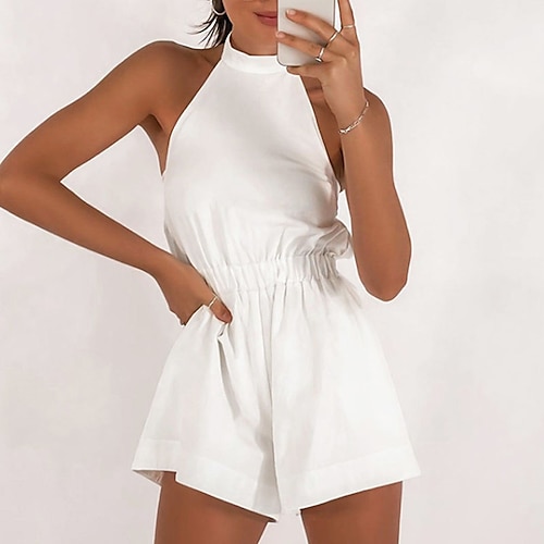 

Women's Romper Backless Solid Color Halter Neck Streetwear Daily Holiday Regular Fit Sleeveless White S M L Spring