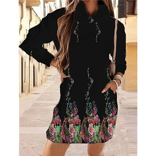 

Women's Hoodie Dress Short Mini Dress Black Khaki Long Sleeve Floral Pocket Print Fall Spring Hooded Casual Fashion 2022 XS S M L XL XXL 3XL 4XL