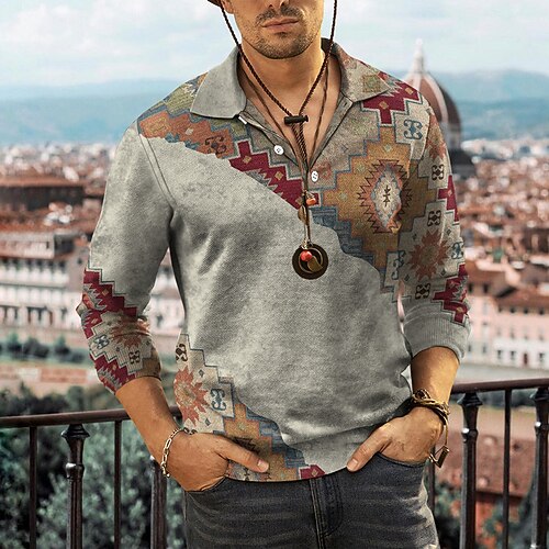

Men's T shirt Tee Geometric Turndown Casual Holiday Print Long Sleeve Tops Casual Vintage Retro / Summer