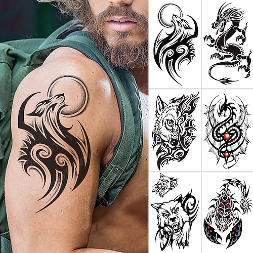 

6PCS Waterproof Temporary Tattoo Sticker Dragon Scorpion Wolf Flash Tattoos Wings Cross Body Art Arm Owl Maori Totem Fake Tatoo Men
