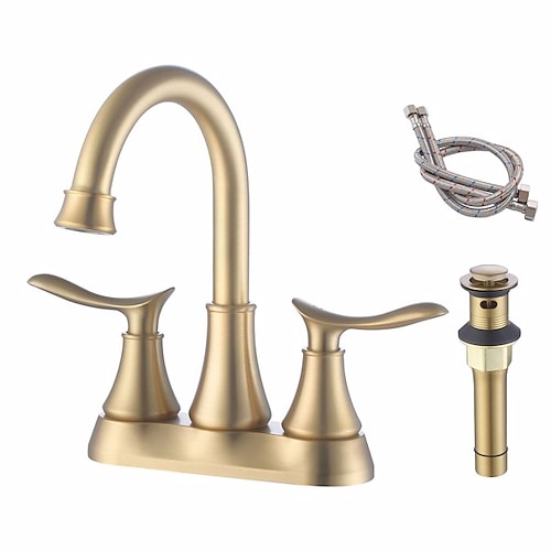 

2-Handle 4-Inch Brushed Gold Bathroom Faucet Bathroom Vanity Sink Faucets with Pop-up Drain and Supply Hoses