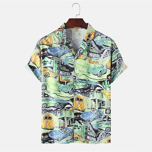 

Men's Shirt Print Car Turndown Street Daily Button-Down Print Short Sleeve Tops Casual Fashion Breathable Comfortable Light Green