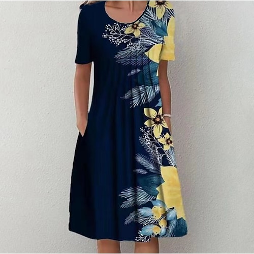 

Women's Casual Dress Midi Dress Navy Blue Short Sleeve Floral Ruched Spring Summer Crew Neck Modern 2022 S M L XL XXL 3XL