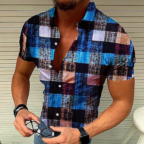  Men's Lattice Shirt Button Up Shirt Short Sleeve Fashion Designer Casual Outdoor Holiday Summer Spring Turndown Patchwork Print Button-Down Yellow Red Blue Purple Green