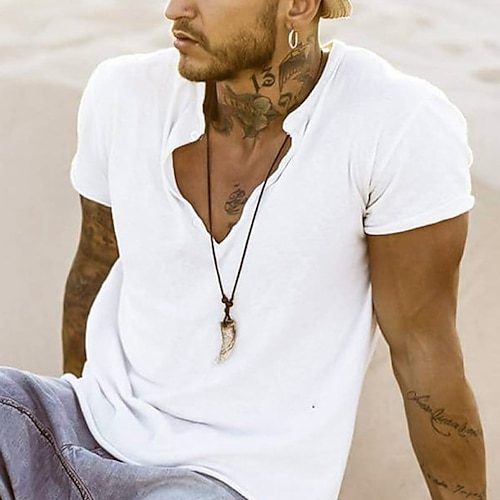 

Men's Shirt Solid Color V Neck White Outdoor Street Short Sleeve Clothing Apparel Fashion Casual Breathable / Summer