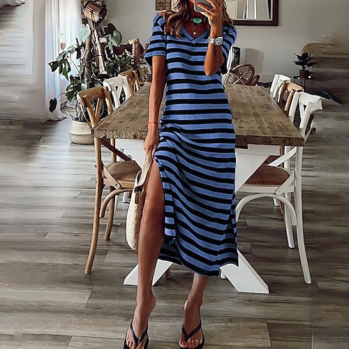 

Women's Casual Dress T Shirt Dress Tee Dress Long Dress Maxi Dress Pink Blue Gray Short Sleeve Striped Split Spring Summer V Neck Stylish Weekend 2023 S M L XL XXL 3XL