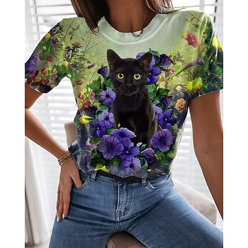 

Women's T shirt Tee Green Purple Yellow Floral Cat Print Short Sleeve Casual Holiday Basic Round Neck Regular Floral 3D Cat Painting S