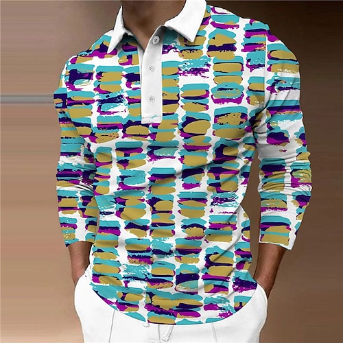 

Men's Collar Polo Shirt Golf Shirt Geometry Turndown Yellow 3D Print Casual Daily Long Sleeve Button-Down Print Clothing Apparel Fashion Designer Casual Breathable / Sports