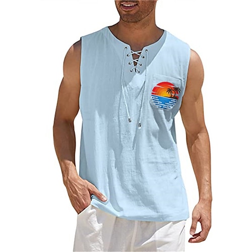 

Men's Shirt Graphic Beach V Neck Green Khaki Light Blue Black Hot Stamping Outdoor Street Sleeveless Lace up Print Clothing Apparel Fashion Designer Casual Big and Tall / Summer / Spring / Summer