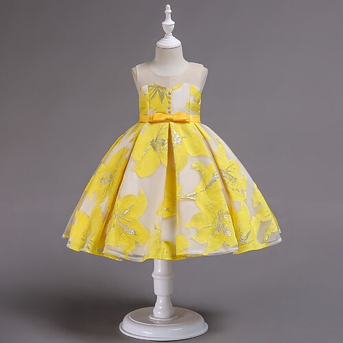 

Kids Little Girls' Dress Jacquard Solid Colored Tulle Dress Party Birthday Mesh Yellow Knee-length Sleeveless Princess Sweet Dresses Spring Summer Slim 1 PC 3-10 Years