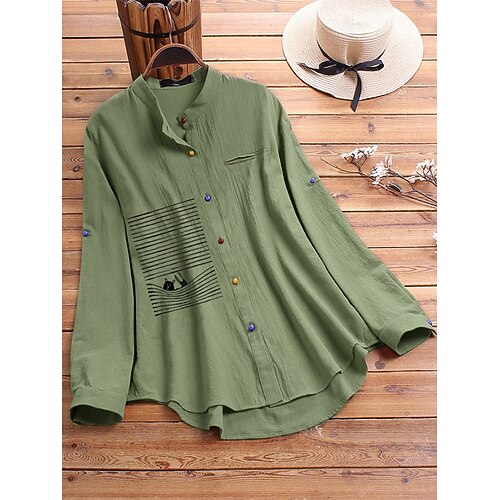 

Women's Plus Size Tops Blouse Shirt Striped Cat Button Print Short Sleeve Standing Collar Basic Streetwear Daily Going out Linen Spring Summer Green Blue
